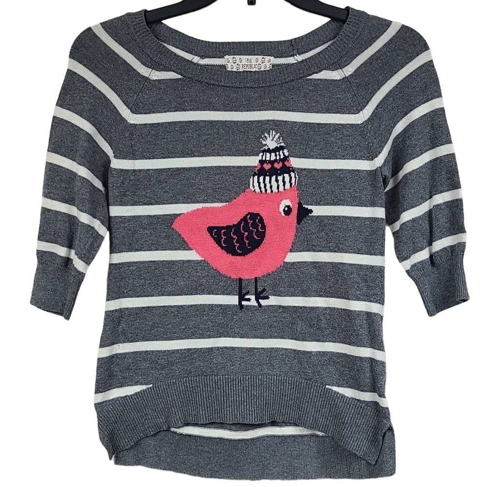 Girls Pink Republic Winter Bird Gray Striped Sweater Pullover Top M 10/12 Cotton